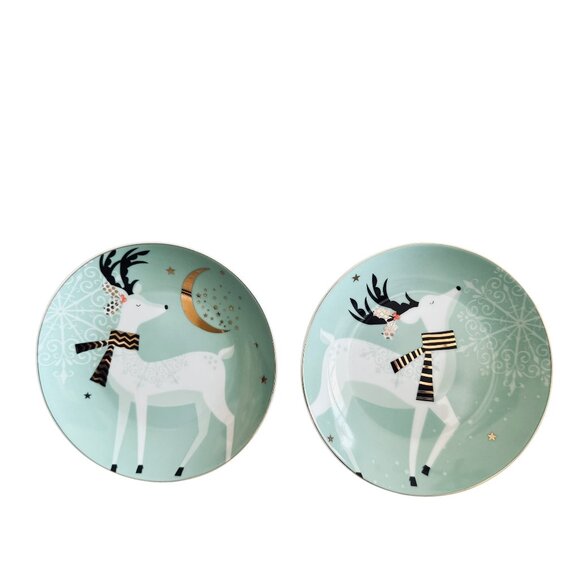 Vintage Pier 1 Christmas Reindeer Appetizer Dessert Plates Set Of 2 Aqua Festive - Picture 2 of 16